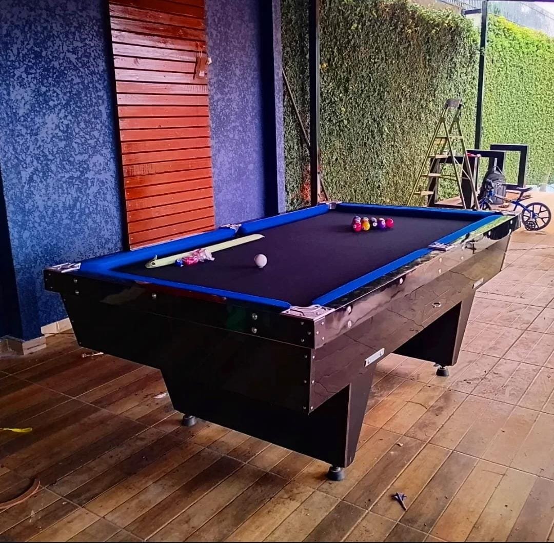 Mesa de Bilhar de Gaveta Cor Preta Tecido Azul e Preto 1.20x2.20