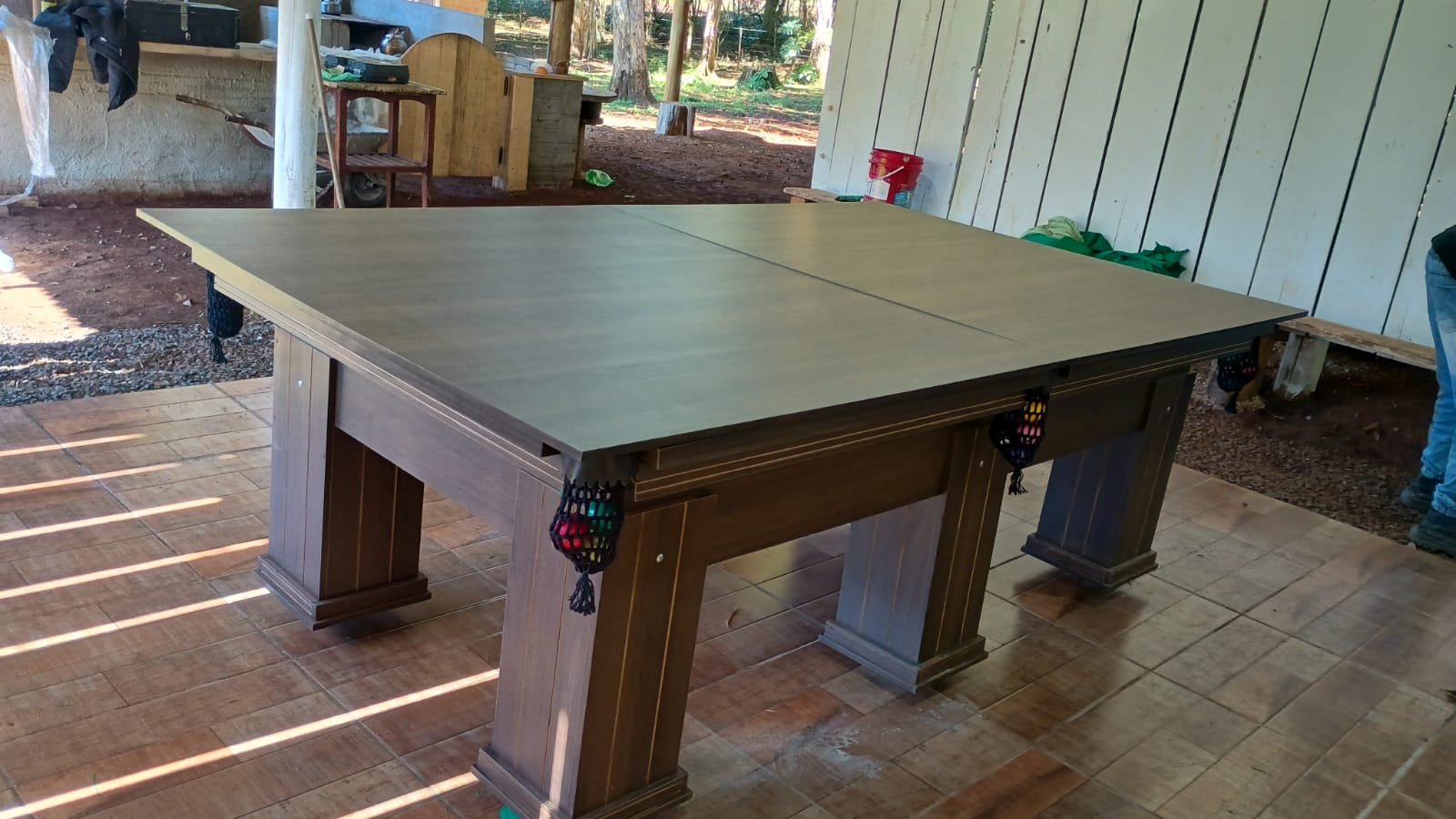 Mesa de Bilhar e Jantar Cor Amadeirada Tecido Verde 1.40x2.40
